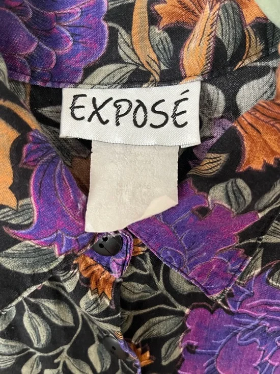 Vintage 90s Exposé Black & Purple Floral Button Up Long Sleeve Shirt Retro Large - Picture 3 of 11
